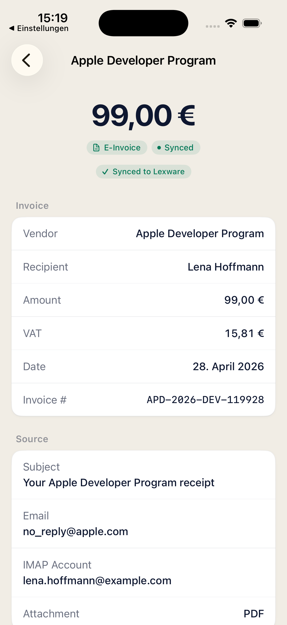 Invy on iPhone — a fully synced invoice detail