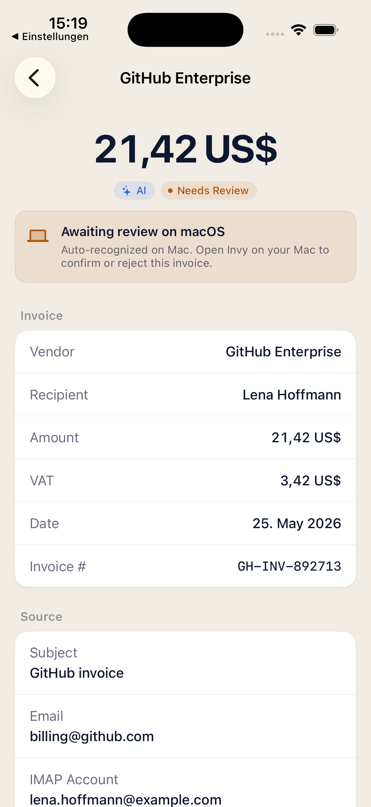 Invy on iPhone — an invoice awaiting review on macOS