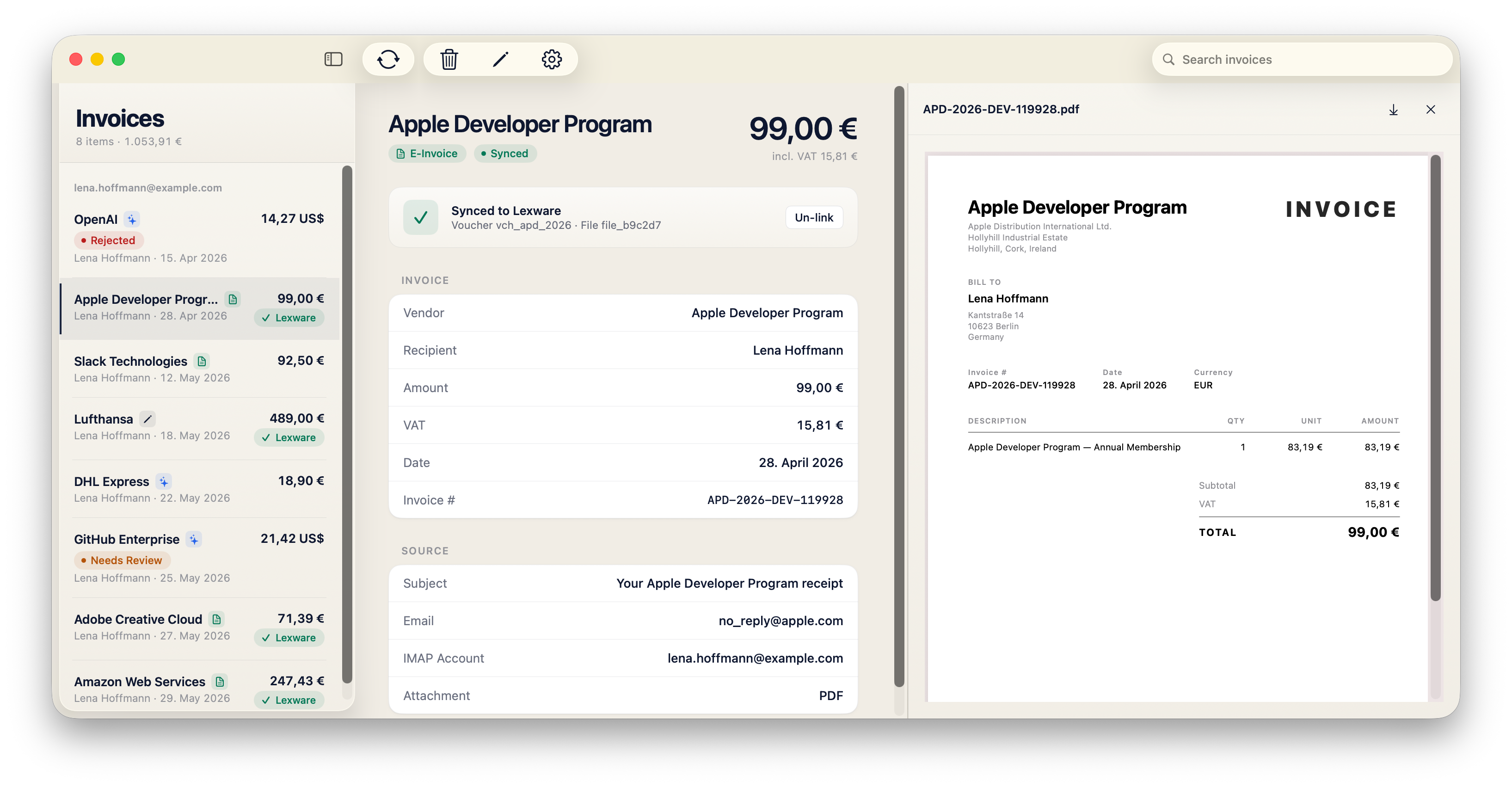 Invy for Mac — invoice list, detail and the original PDF side by side