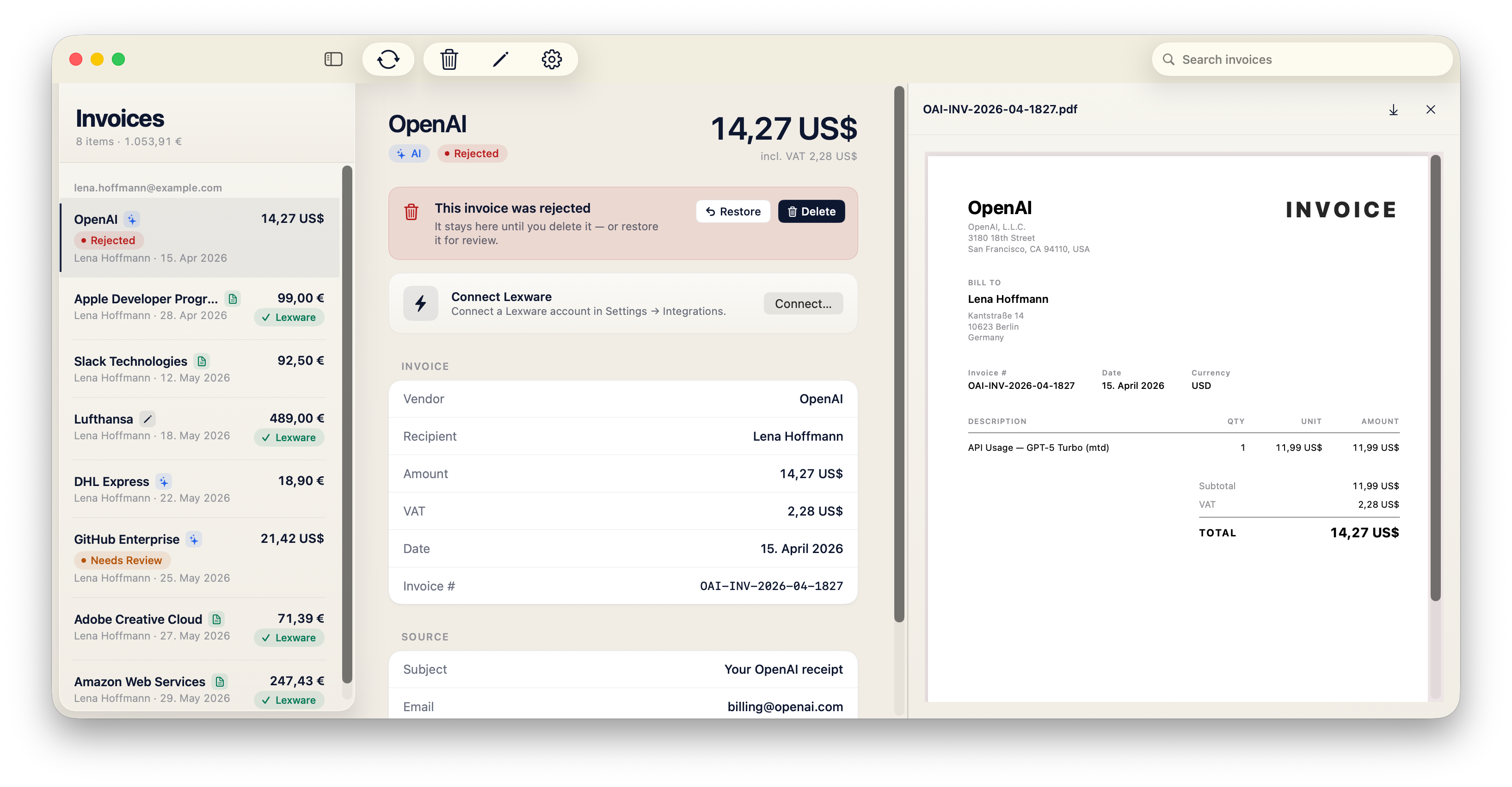 Invy for Mac — a rejected invoice with restore and delete actions, shown next to its PDF